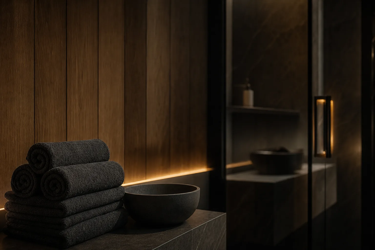 Интерьерные детали мужского SPA: полотенца, дерево и тёплая подсветка
