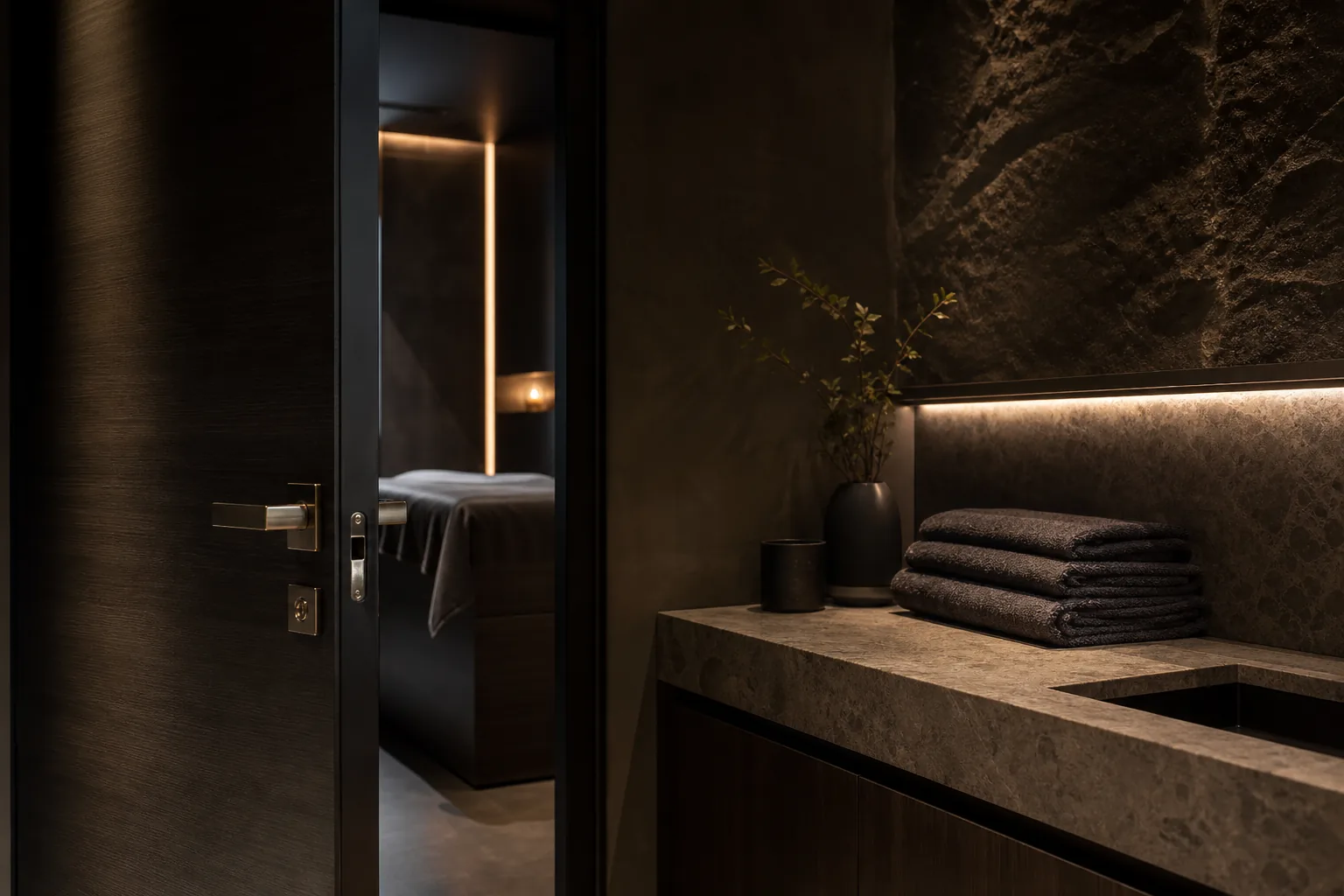 Детали приватного SPA-интерьера: дверная ручка, полотенце и тёплая подсветка