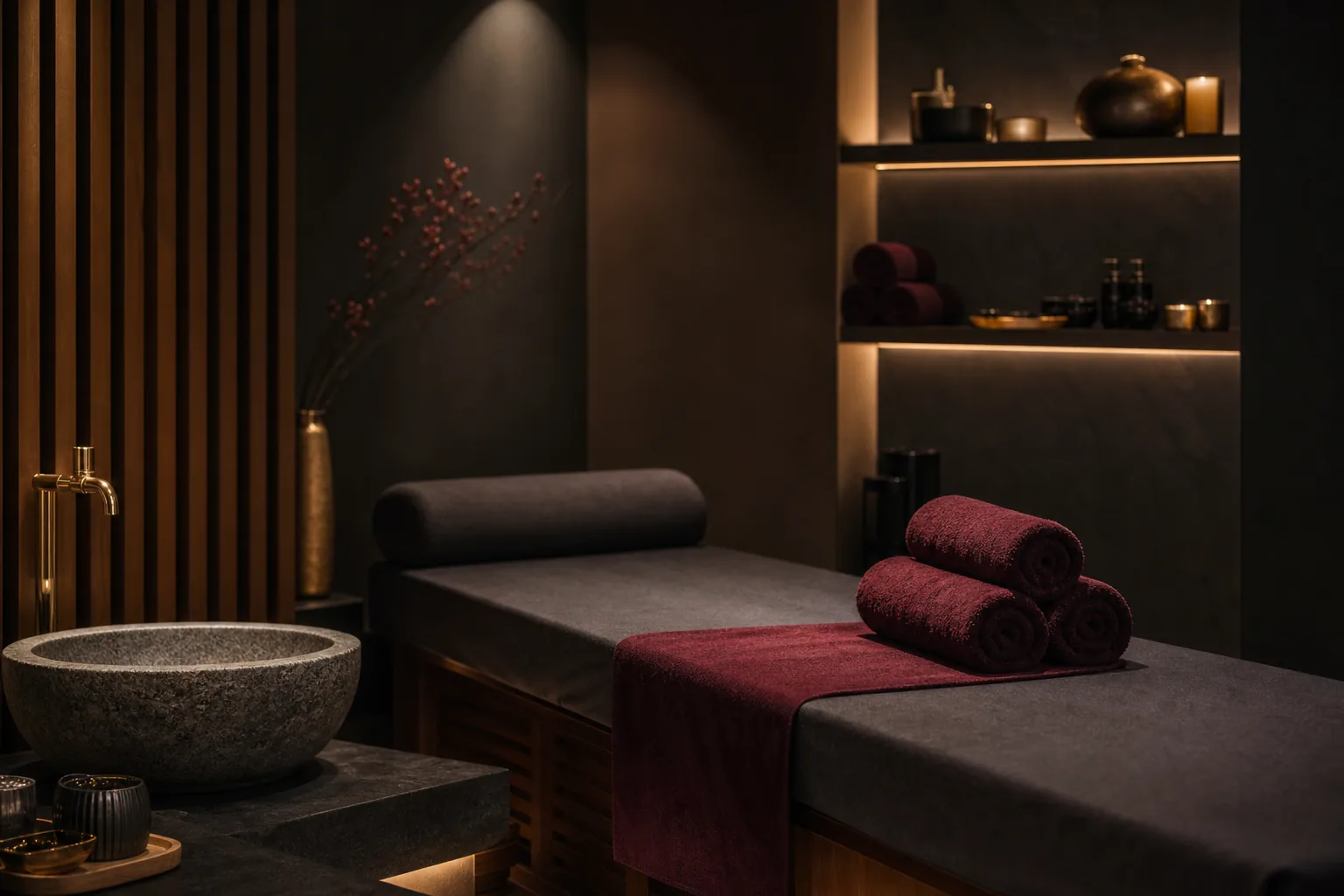 Приватная SPA-комната с массажным столом и аккуратно сложенными полотенцами