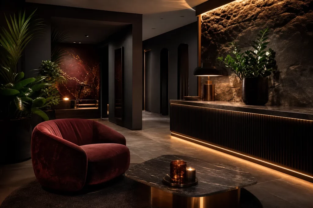 Тёмный интерьер мужского SPA с мягким светом и приватной комнатой