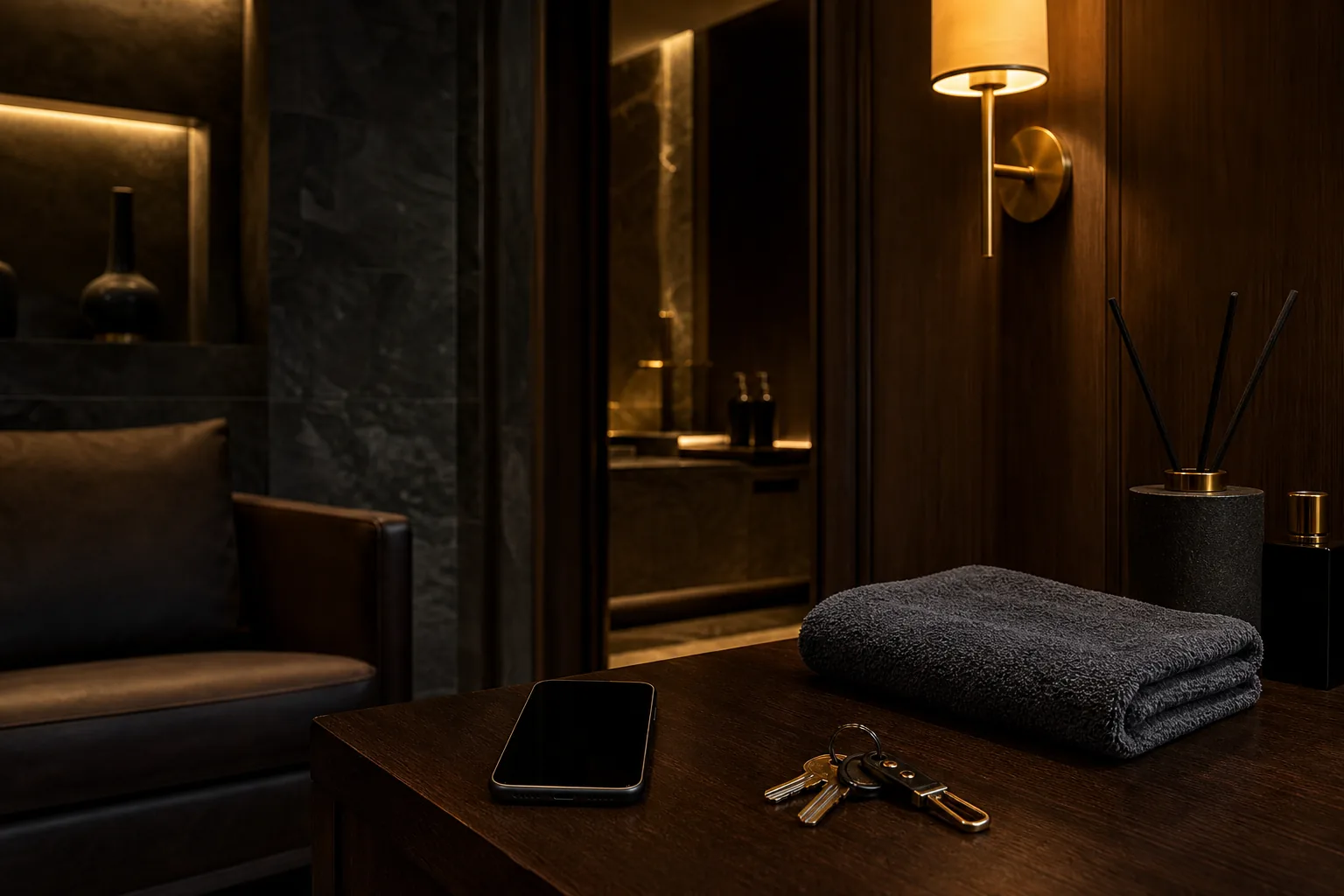 Зона ожидания премиального SPA в спокойных графитовых оттенках