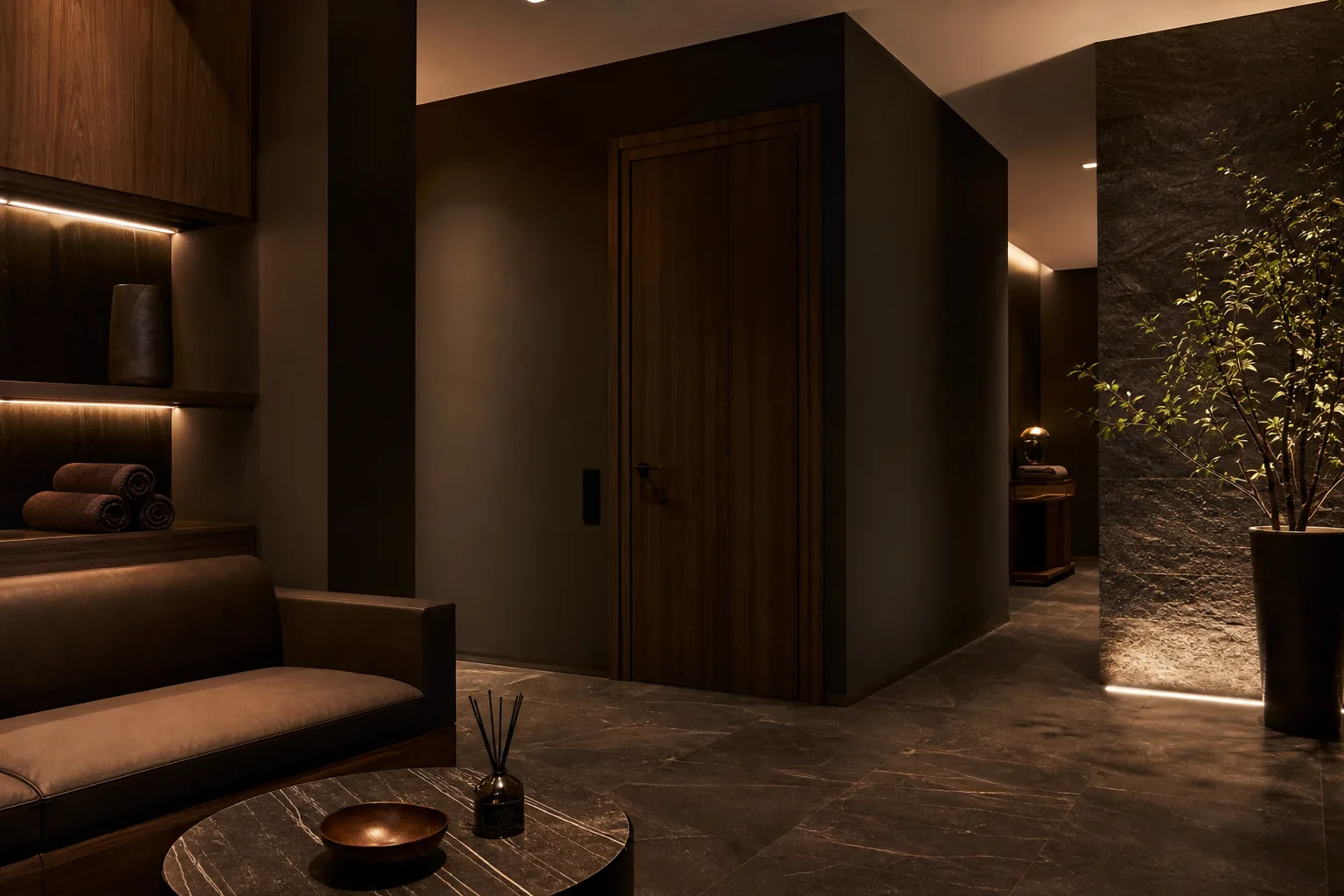 Тёмная зона ресепшена мужского SPA-салона с мягким янтарным освещением