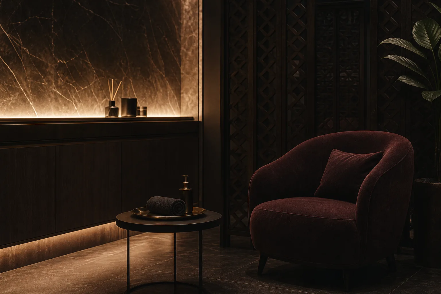 Интерьерные детали мужского SPA: светильник, тёмное дерево и поднос для вещей