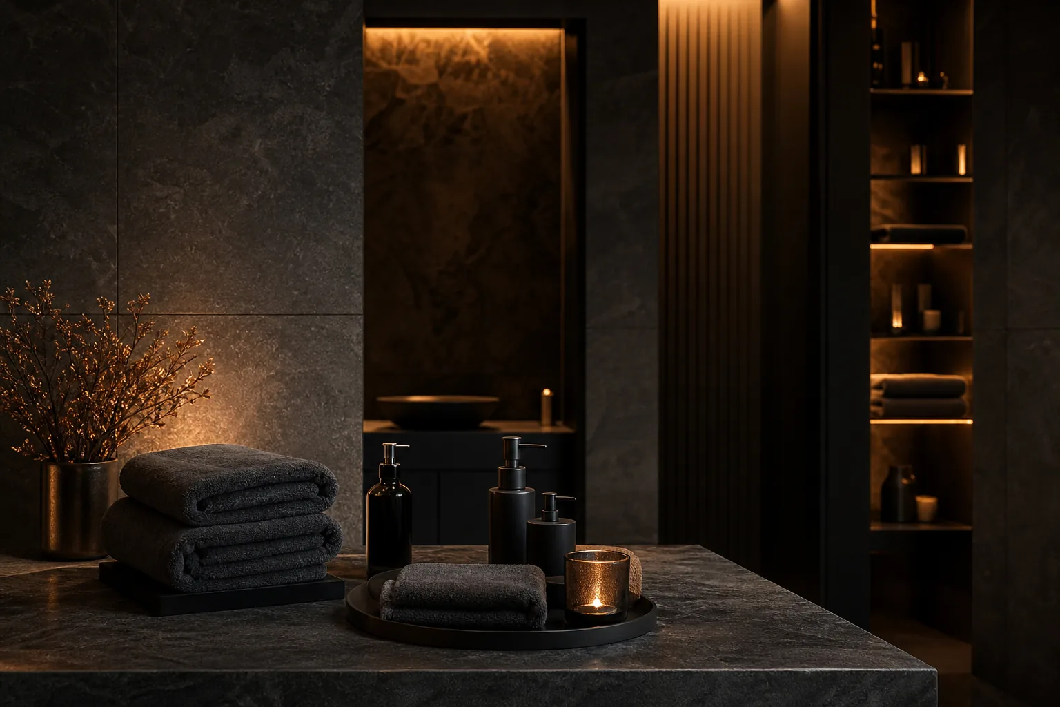 Тёмный интерьер мужского SPA с мягким светом и закрытой дверью приватной комнаты