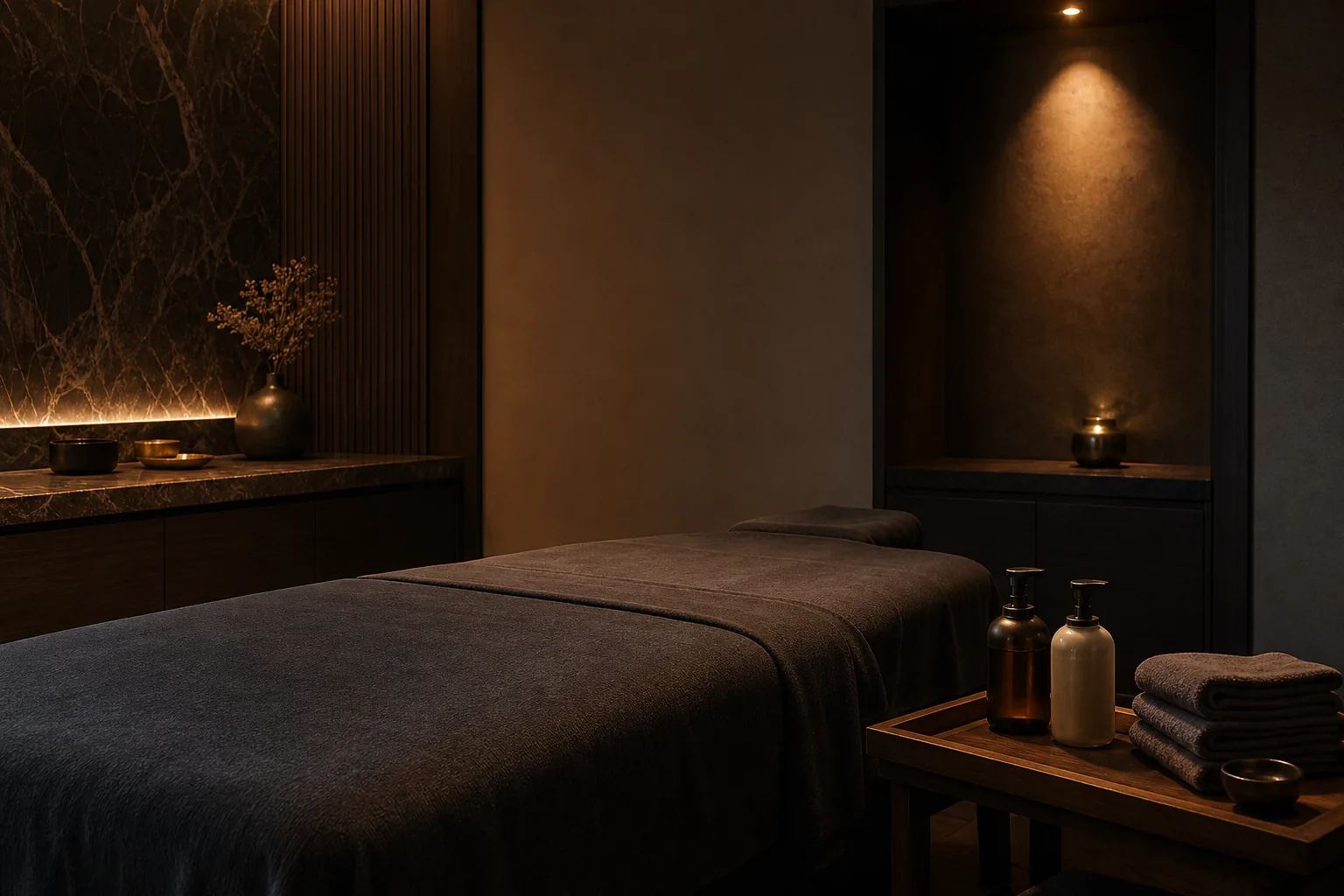 Полотенца и интерьерные детали SPA в приглушённом янтарном освещении